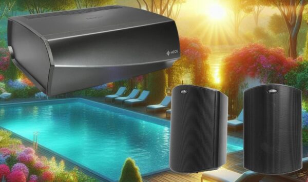 DENON HEOS AMP AND POLK ATRIUM 4, AMPLIFIER AND SPEAKERS TO ENHANCE PARTIES IN POOLS OR GARDENS